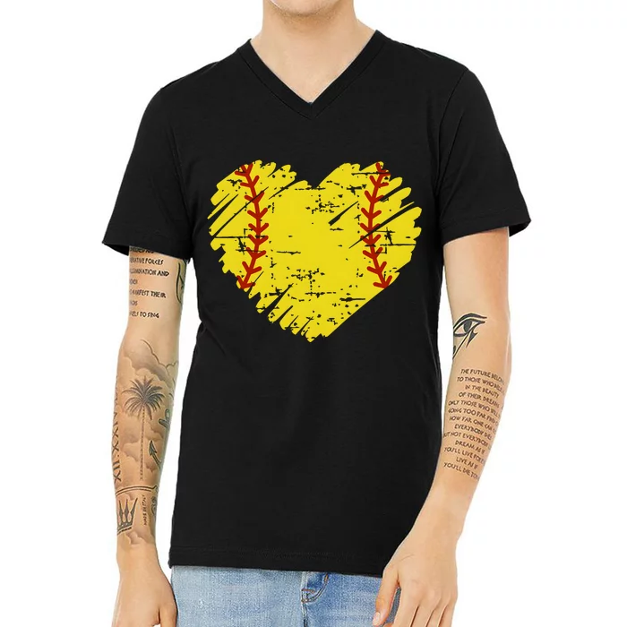 Softball Heart Lover Sporty Sport V-Neck T-Shirt