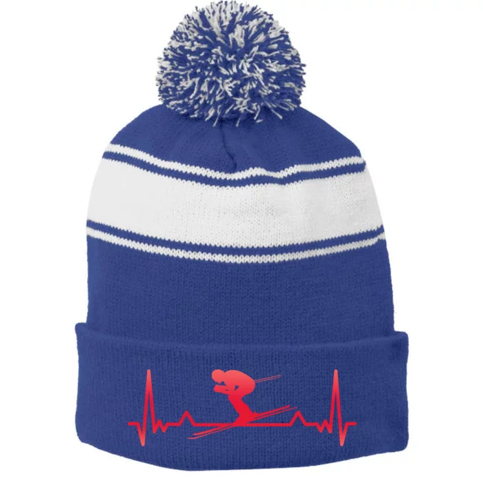 Skiing Heartbeat Line Funny Cute Gift Stripe Pom Pom Beanie