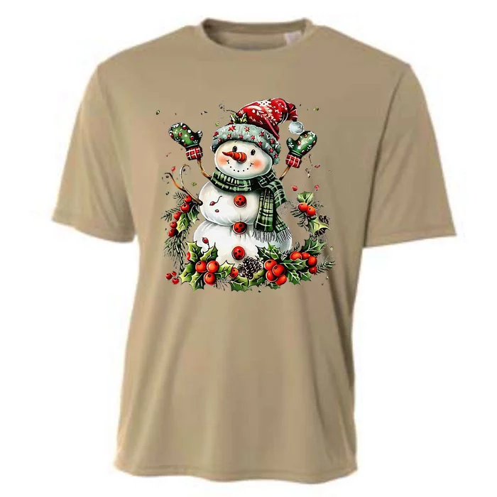 Snowman Holly Merry Christmas Teacher Cooling Performance Crew T-Shirt