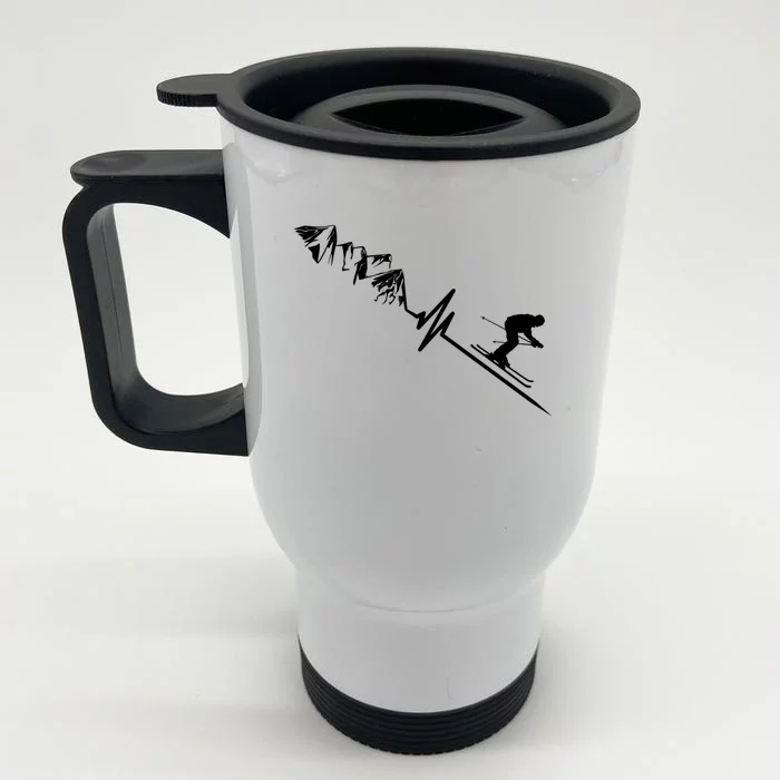 Skier Heartbeat Mountains Skiing Pulse Gift Front & Back Stainless Steel Travel Mug