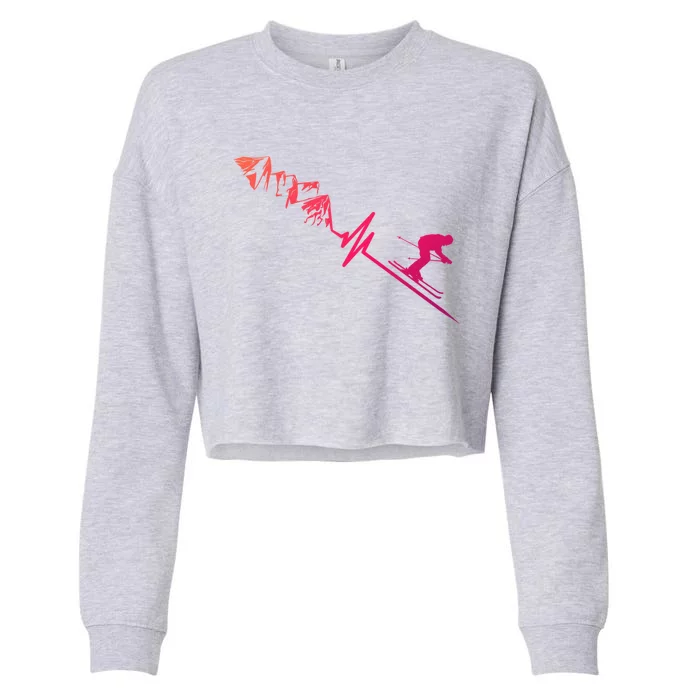 Skier Heartbeat Mountains Skiing Pulse Cute Gift Cropped Pullover Crew