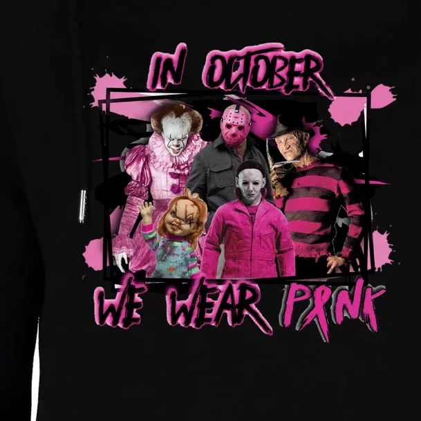 Scary Horror Movie Halloween Characters Breast Cancer Pink Womens Funnel Neck Pullover Hood