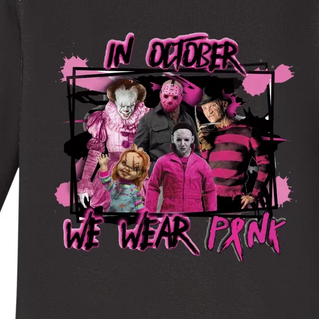 Scary Horror Movie Halloween Characters Breast Cancer Pink Baby Long Sleeve Bodysuit