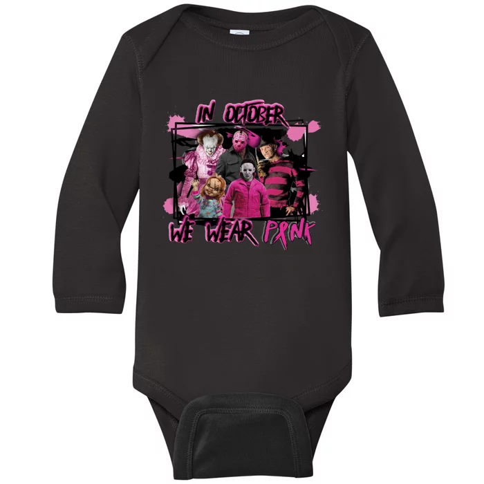 Scary Horror Movie Halloween Characters Breast Cancer Pink Baby Long Sleeve Bodysuit