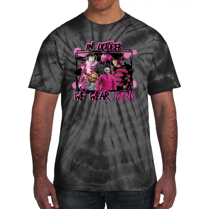 Scary Horror Movie Halloween Characters Breast Cancer Pink Tie-Dye T-Shirt