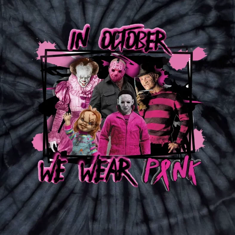 Scary Horror Movie Halloween Characters Breast Cancer Pink Tie-Dye T-Shirt