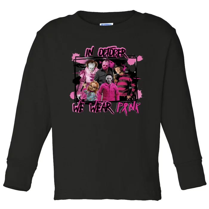 Scary Horror Movie Halloween Characters Breast Cancer Pink Toddler Long Sleeve Shirt