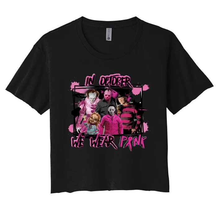 Scary Horror Movie Halloween Characters Breast Cancer Pink Women's Crop Top Tee