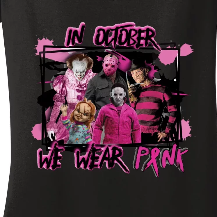 Scary Horror Movie Halloween Characters Breast Cancer Pink Women's V-Neck T-Shirt