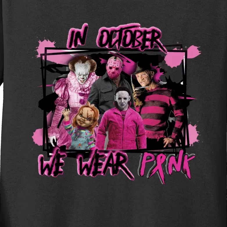 Scary Horror Movie Halloween Characters Breast Cancer Pink Kids Long Sleeve Shirt