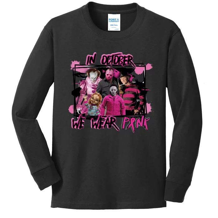 Scary Horror Movie Halloween Characters Breast Cancer Pink Kids Long Sleeve Shirt