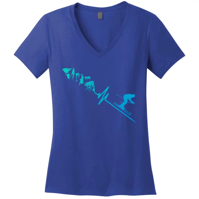 Skier Heartbeat Mountains Skiing Pulse Great Gift Women's V-Neck T-Shirt