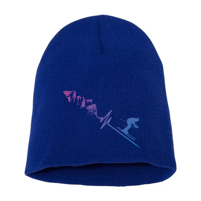 Skier Heartbeat Mountains Skiing Pulse Great Gift Short Acrylic Beanie