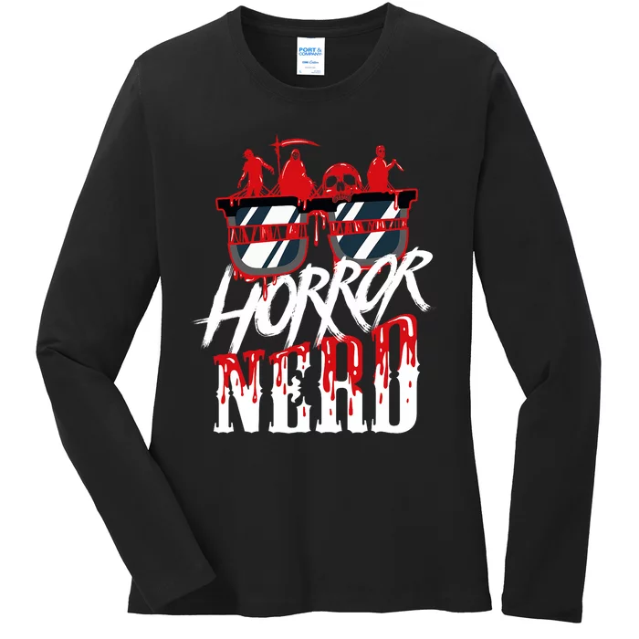 Scary Horror Nerd Bloody Games Glasses Horror Movie Fan Ladies Long Sleeve Shirt