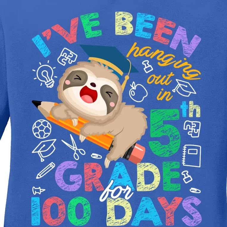 Sloth Hanging Out In 5th Grade Student 100 Days Of School Gift Ladies Long Sleeve Shirt