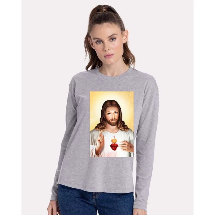 Sacred Heart Of Jesus Christ Christian God Illustration Womens Cotton Relaxed Long Sleeve T-Shirt