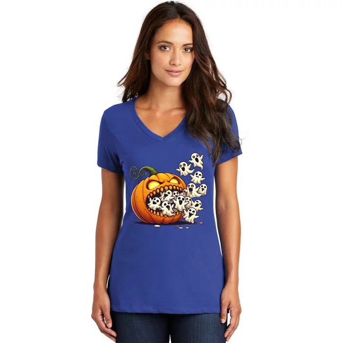 Scary Halloween Pumpkin Eating Ghosts Jackolantern Ghost Gift Women's V-Neck T-Shirt