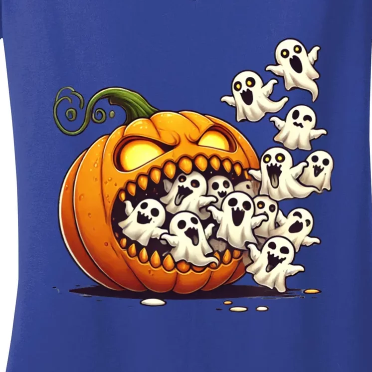 Scary Halloween Pumpkin Eating Ghosts Jackolantern Ghost Gift Women's V-Neck T-Shirt