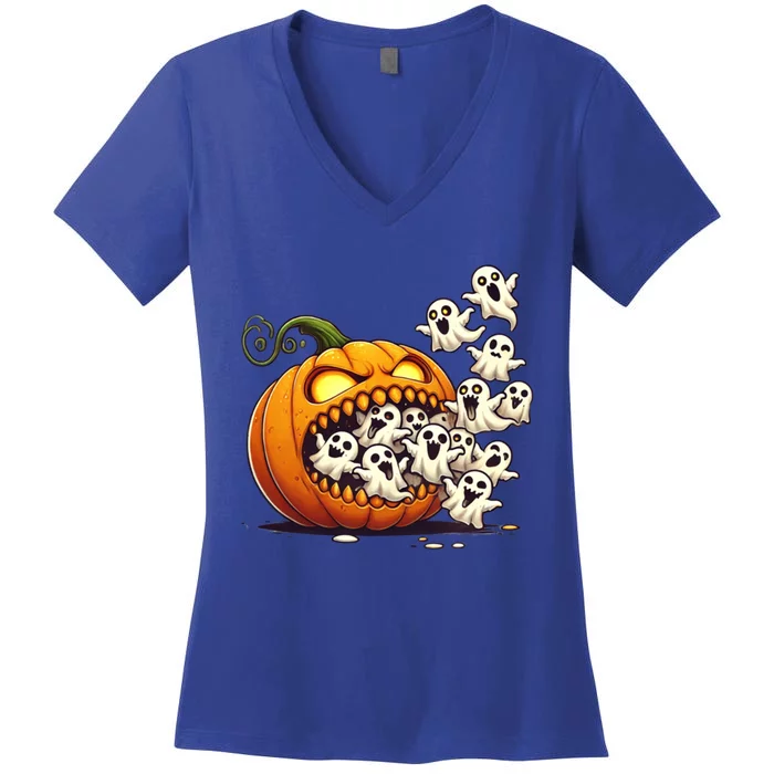 Scary Halloween Pumpkin Eating Ghosts Jackolantern Ghost Gift Women's V-Neck T-Shirt