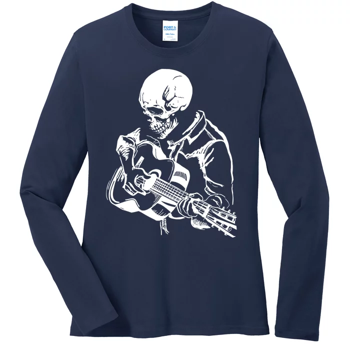 Skeleton Head Playing Acoustic His Guitar Great Ladies Long Sleeve Shirt