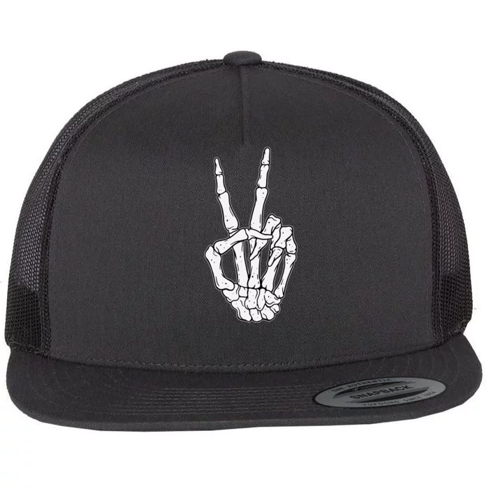 Skeleton Hand Peace Sign Bone Flat Bill Trucker Hat