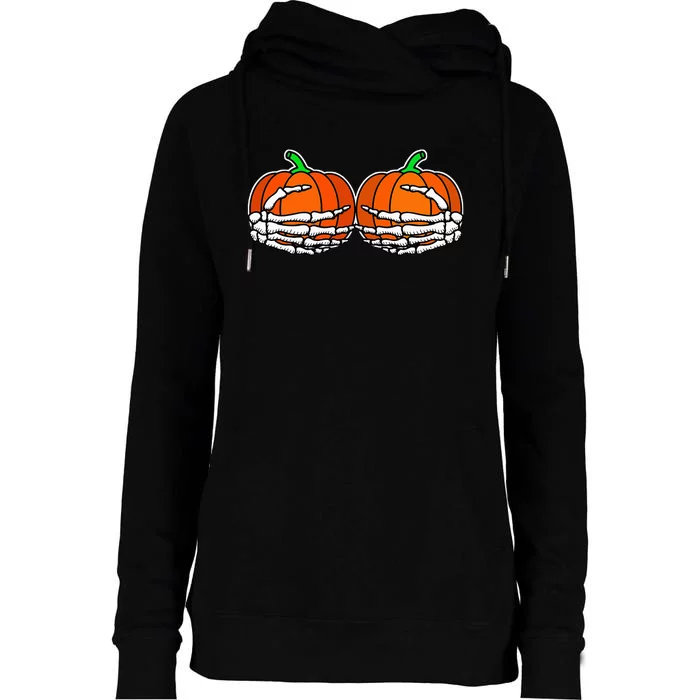 Spooky Halloween Pumpkin with Skeleton Hand Design Womens Funnel Neck Pullover Hood