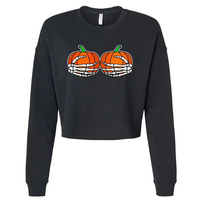 Spooky Halloween Pumpkin with Skeleton Hand Design Cropped Pullover Crew