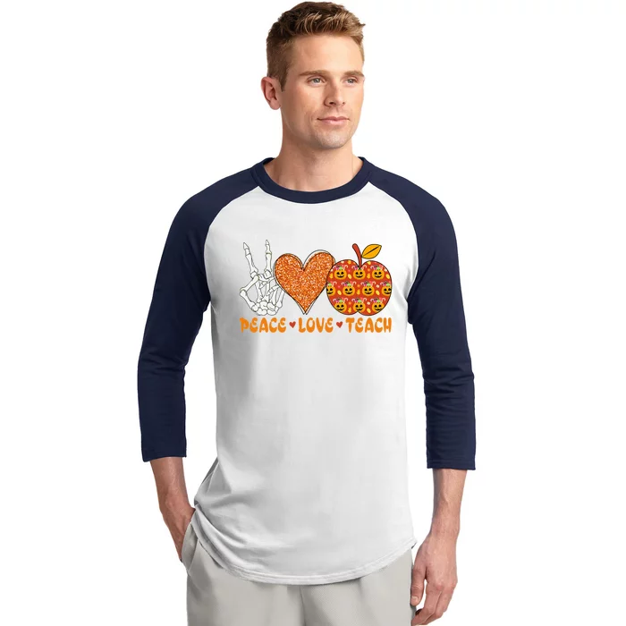 Skeleton Hand Peace Love Teach Heart Pumpkin Cool Gift Baseball Sleeve Shirt