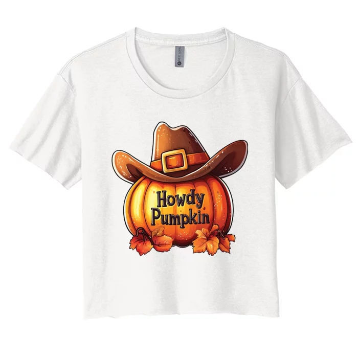 Spooky Howdy Pumpkin Halloween Cowboy Women's Crop Top Tee