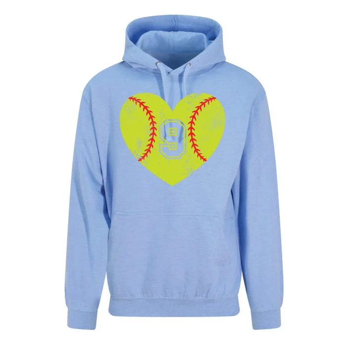 Softball Heart Player #9 Softball Mom Dad Varsity Team Gift Unisex Surf Hoodie