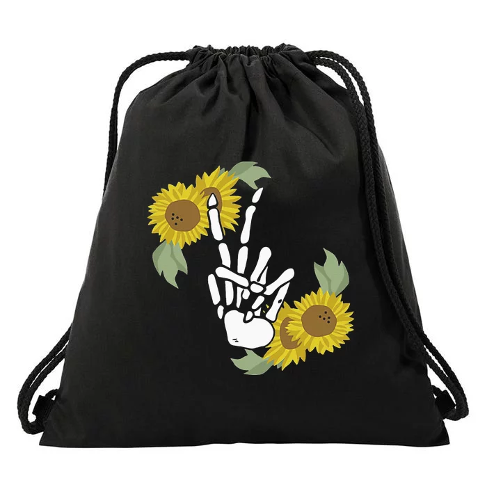 Skeleton Hand Peace Sign Bones Sunflower Drawstring Bag