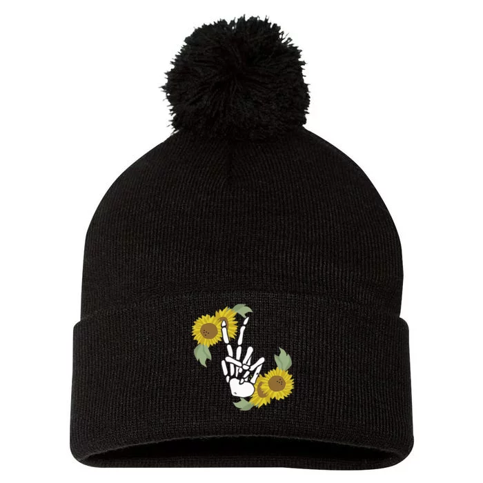 Skeleton Hand Peace Sign Bones Sunflower Pom Pom 12in Knit Beanie