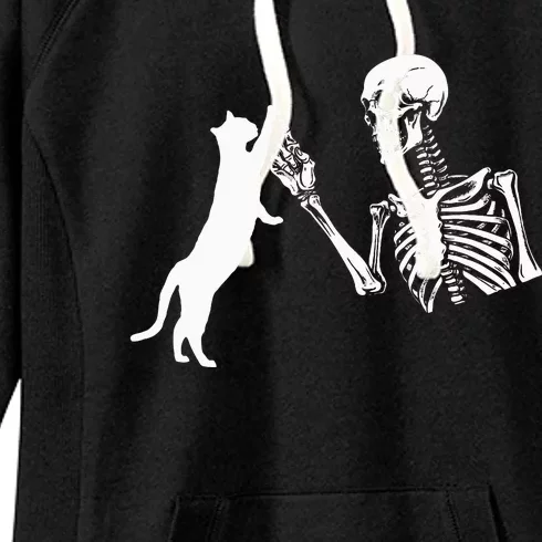 Skeleton Hand Playing Cat Funny Halloween Costume Skull Women's Fleece Hoodie