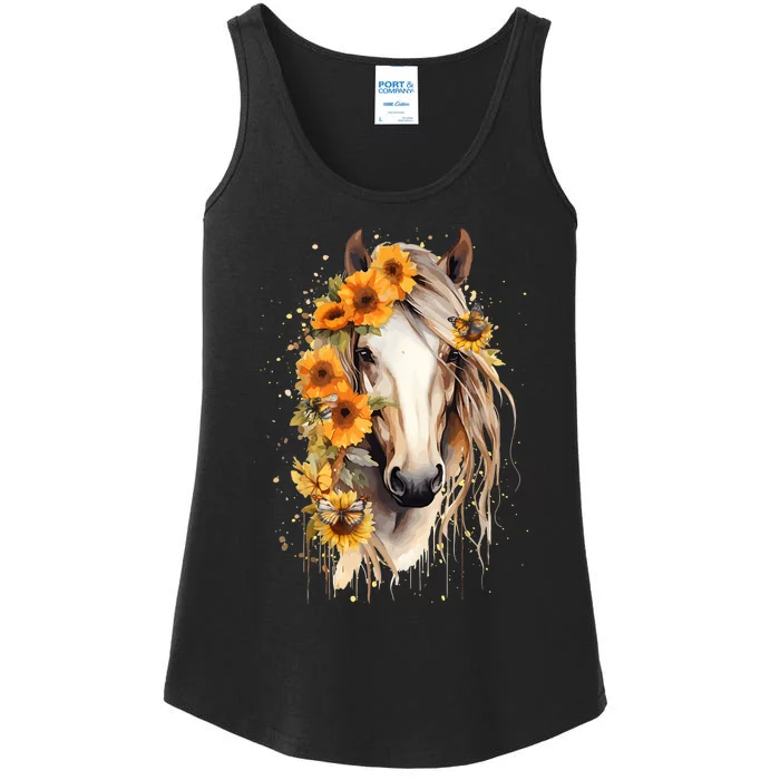 Sunflower Horse Portrait Cowgirl Equestrian Horseback Riding Ladies Essential Tank