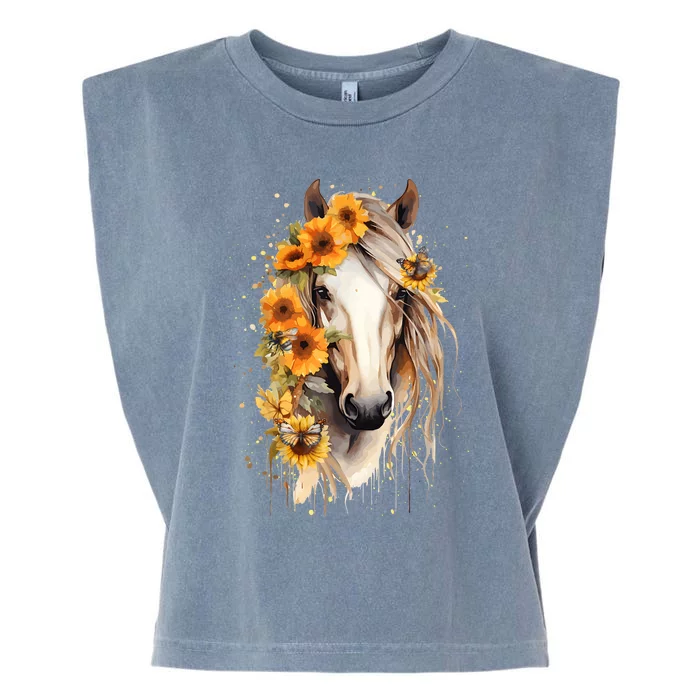 Sunflower Horse Portrait Cowgirl Equestrian Horseback Riding Garment-Dyed Women's Muscle Tee