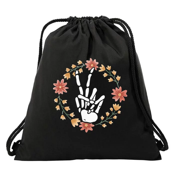 Skeleton Hand Peace Sign Bones Flowers Drawstring Bag