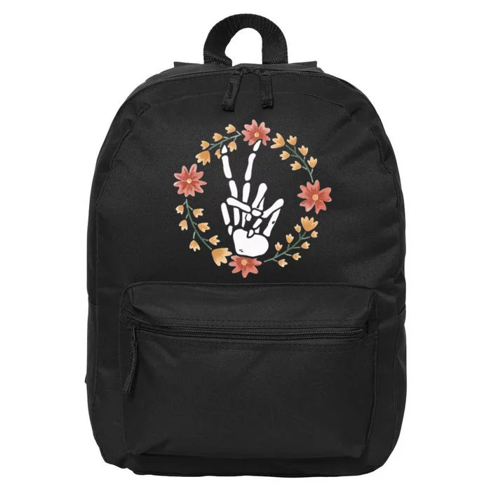 Skeleton Hand Peace Sign Bones Flowers 16 in Basic Backpack