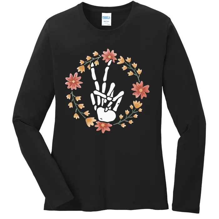 Skeleton Hand Peace Sign Bones Flowers Ladies Long Sleeve Shirt