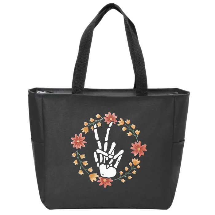 Skeleton Hand Peace Sign Bones Flowers Zip Tote Bag