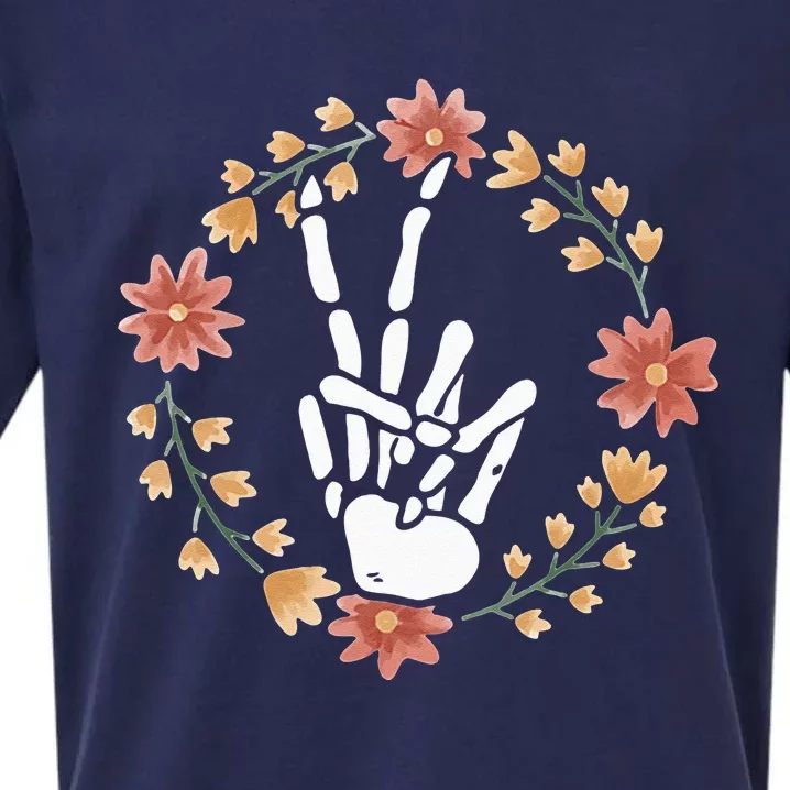 Skeleton Hand Peace Sign Bones Flowers Sueded Cloud Jersey T-Shirt