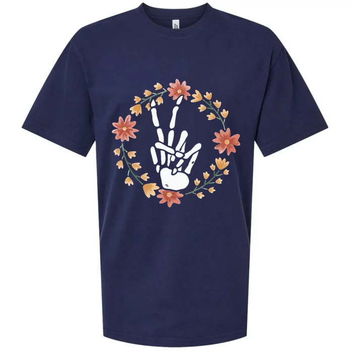 Skeleton Hand Peace Sign Bones Flowers Sueded Cloud Jersey T-Shirt