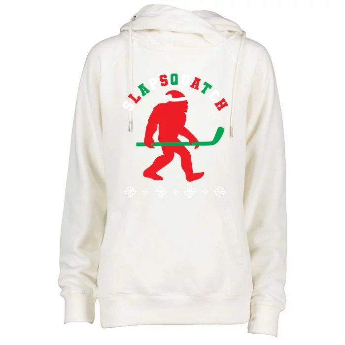 Slapsquatch Hockey Player Sasquatch Christmas Hockey Bigfoot Gift Womens Funnel Neck Pullover Hood