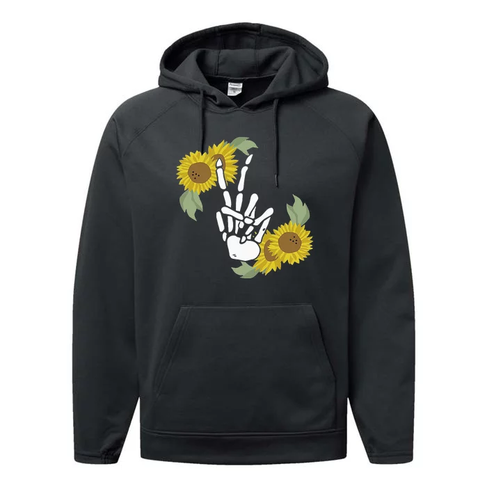 Skeleton Hand Peace Sign Bones Sunflower Performance Fleece Hoodie