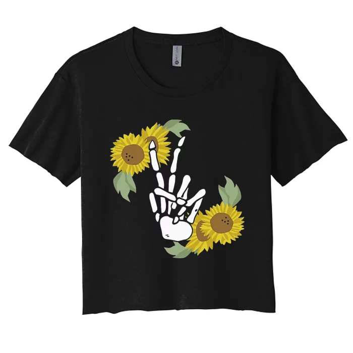 Skeleton Hand Peace Sign Bones Sunflower Women's Crop Top Tee