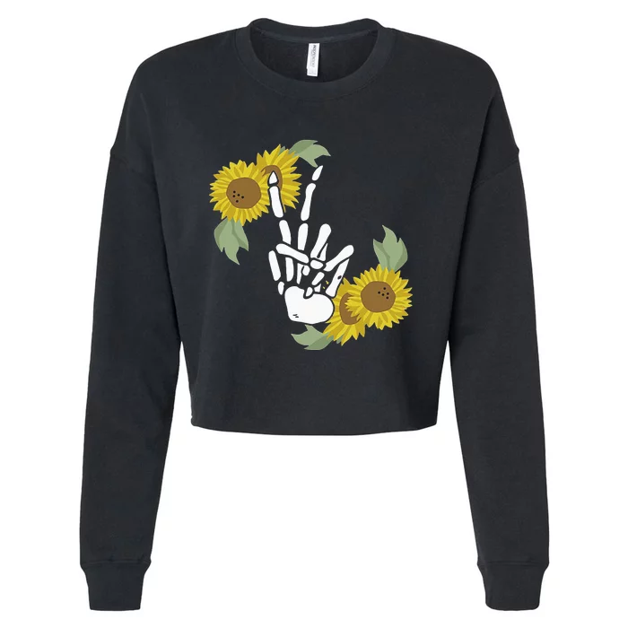 Skeleton Hand Peace Sign Bones Sunflower Cropped Pullover Crew