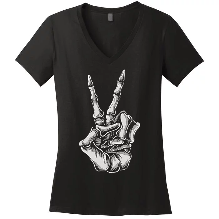 Skeleton Hand Peace Sign Bones Vintage Retro Peace Women's V-Neck T-Shirt