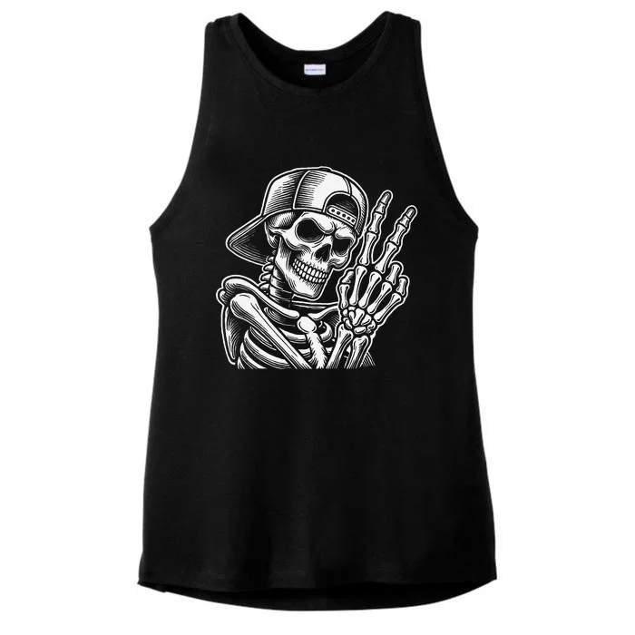 Skeleton Hand Peace Sign Retro Halloween Skeleton Hand Sign Ladies Tri-Blend Wicking Tank