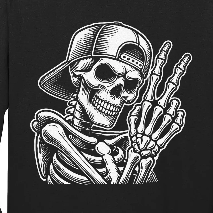 Skeleton Hand Peace Sign Retro Halloween Skeleton Hand Sign Tall Long Sleeve T-Shirt