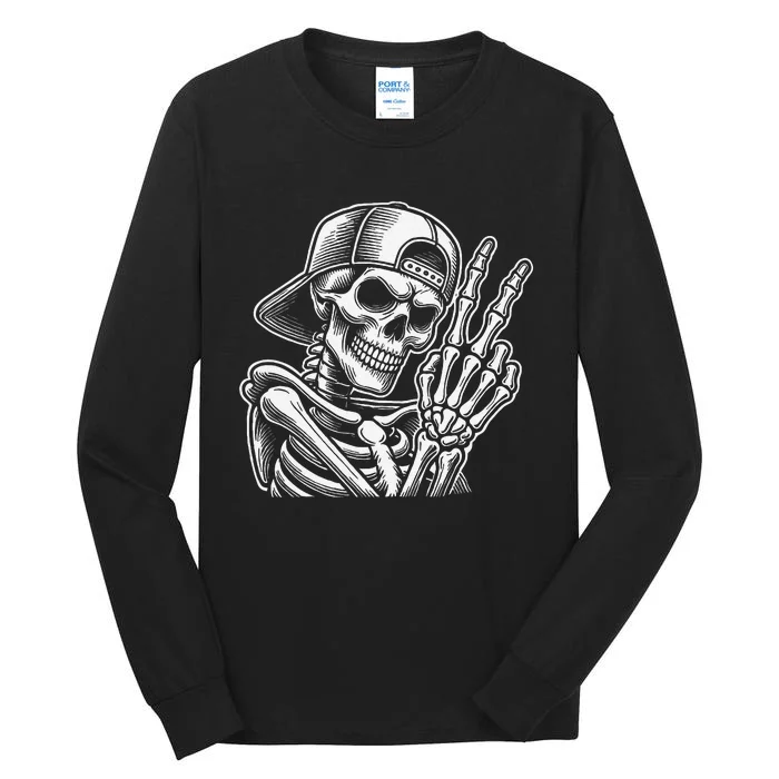 Skeleton Hand Peace Sign Retro Halloween Skeleton Hand Sign Tall Long Sleeve T-Shirt