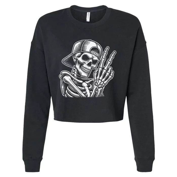 Skeleton Hand Peace Sign Retro Halloween Skeleton Hand Sign Cropped Pullover Crew